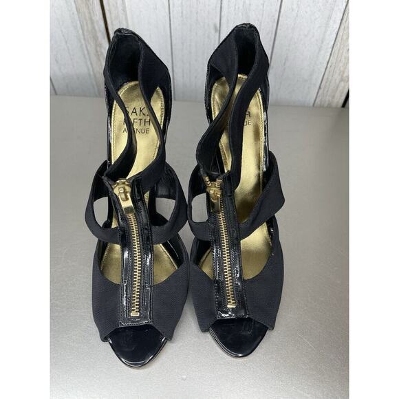 Saks Fifth Avenue Women's Sari Sandal Size 7.5 Zip Heels Black Gold - Picture 4 of 7